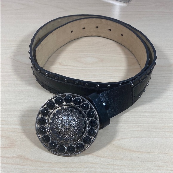 Cache Black Leather Studded Belt with Rhinestone Buckle - Picture 1 of 7
